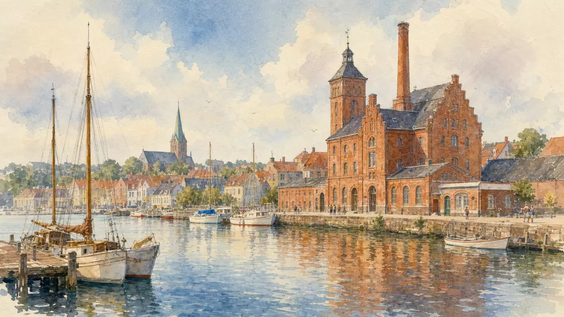Aquarellbild einer dänischen Küstenstadt mit altem Brauereigebäude