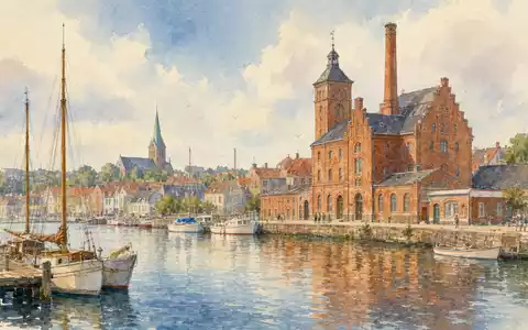 Aquarellmalerei zeigt Royal Unibrew A/S, ISIN DK0060738599, mit dänischer Küstenstadt und historischem Brauereigebäude am Wasser - Foto: THN