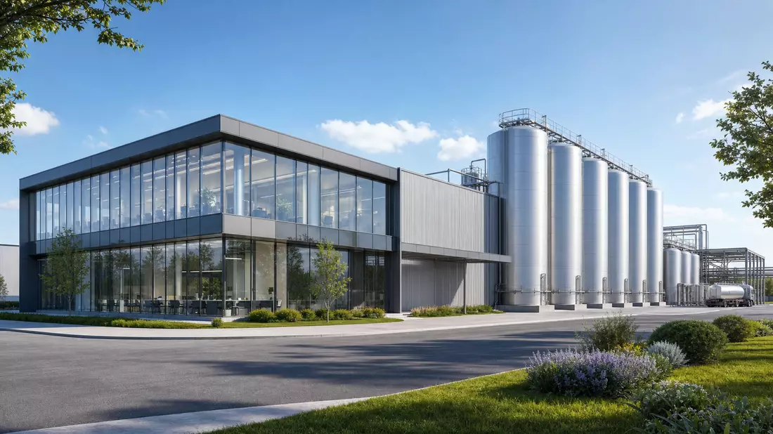 Architektur-Render einer modernen Getränkefabrik mit Glasfassade und Silos