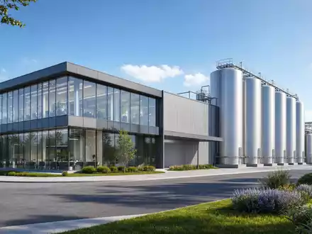 Architektur-Render visualisiert Royal Unibrew A/S, ISIN DK0060738599, als moderne Getränkeproduktionsanlage mit Glasfassade und Silos - Foto: THN