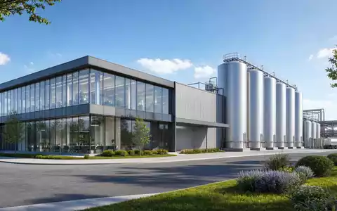 Architektur-Render visualisiert Royal Unibrew A/S, ISIN DK0060738599, als moderne Getränkeproduktionsanlage mit Glasfassade und Silos - Foto: THN