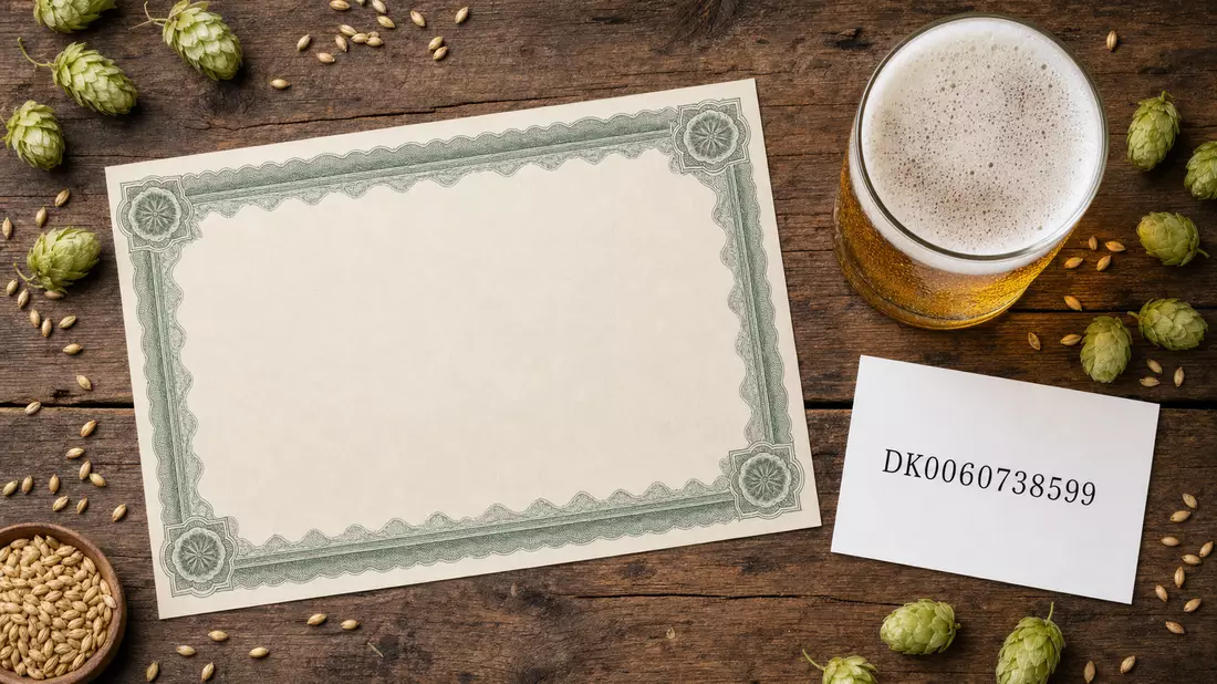 Flatlay mit Aktienzertifikat, ISIN-Karte und Bierglas auf Holztisch
