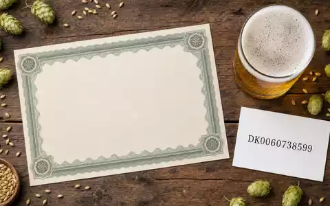 Flatlay-Arrangement kombiniert Royal Unibrew A/S, ISIN DK0060738599, mit Aktienzertifikat, ISIN-Karte und Bierglas auf Holztisch - Foto: THN