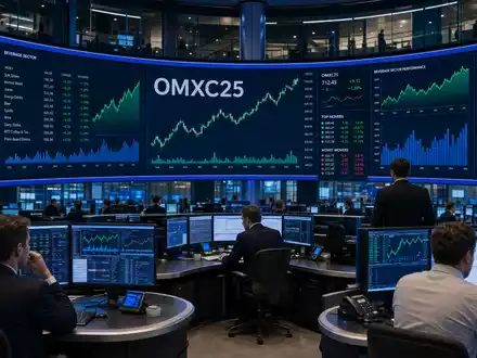 Börsen-Editorial zeigt Royal Unibrew A/S, ISIN DK0060738599, am Nasdaq Copenhagen Trading-Floor mit Getränkesektor-Charts - Foto: THN