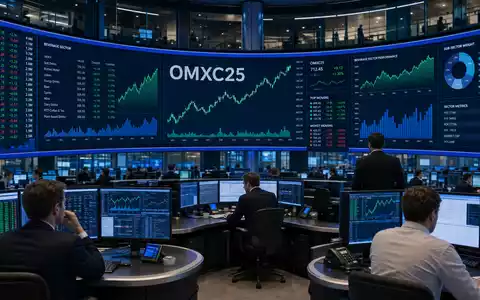 Börsen-Editorial zeigt Royal Unibrew A/S, ISIN DK0060738599, am Nasdaq Copenhagen Trading-Floor mit Getränkesektor-Charts - Foto: THN