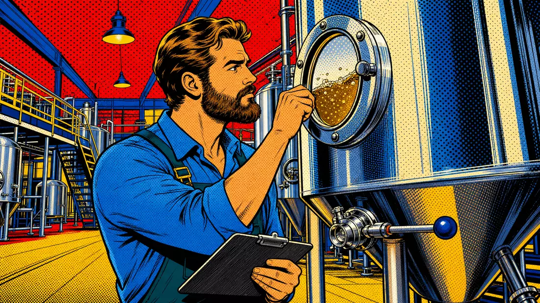 Pop-Art-Comic eines Braumeisters in bunter stilisierter Fabrikhalle