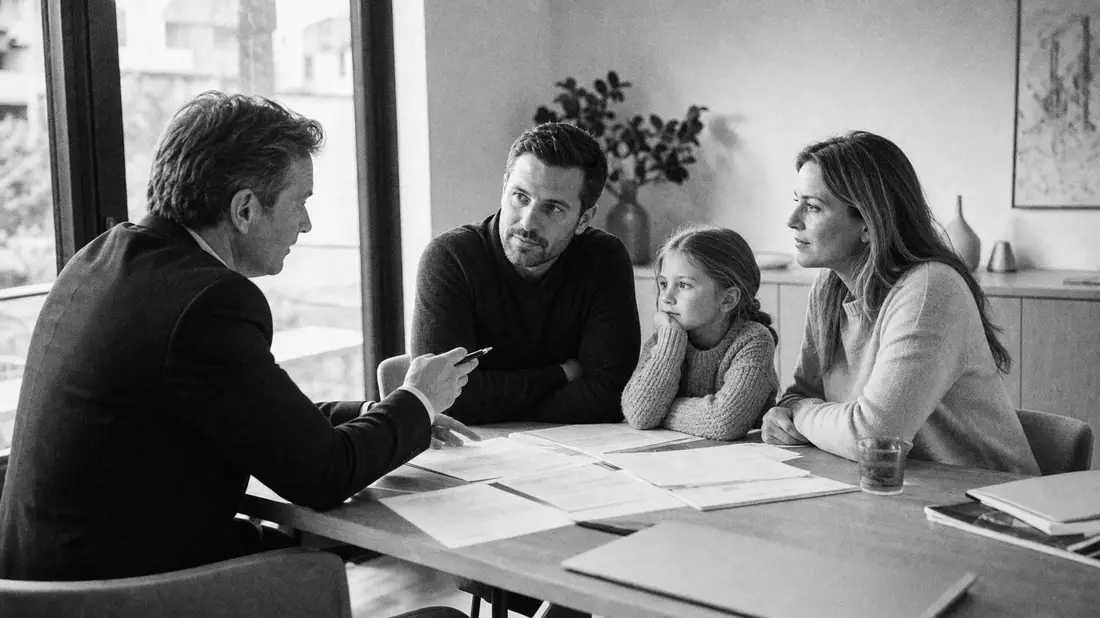Schwarzweißfoto einer Familie im Beratungsgespräch mit Versicherungsberater am Tisch