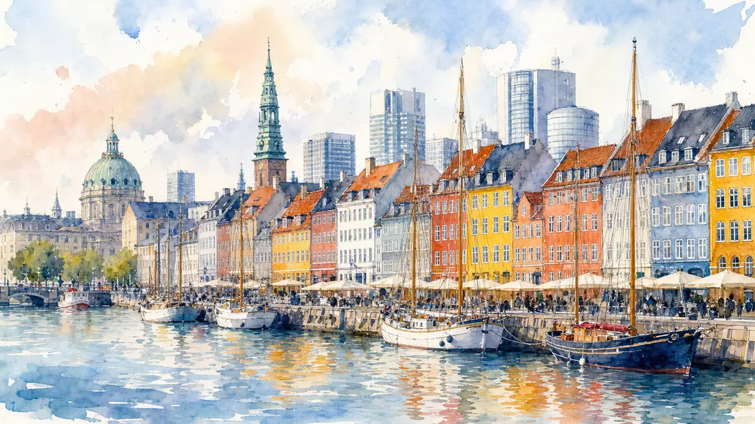 Aquarellbild der farbenfrohen Kopenhagener Hafenpromenade mit Segelbooten und Skyline