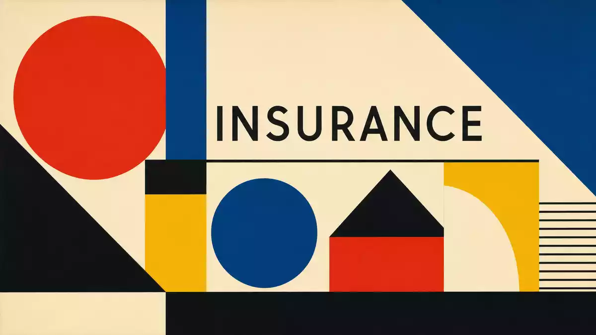 Geometrisches Bauhaus-Poster mit bunten Formen und dem Schriftzug Insurance