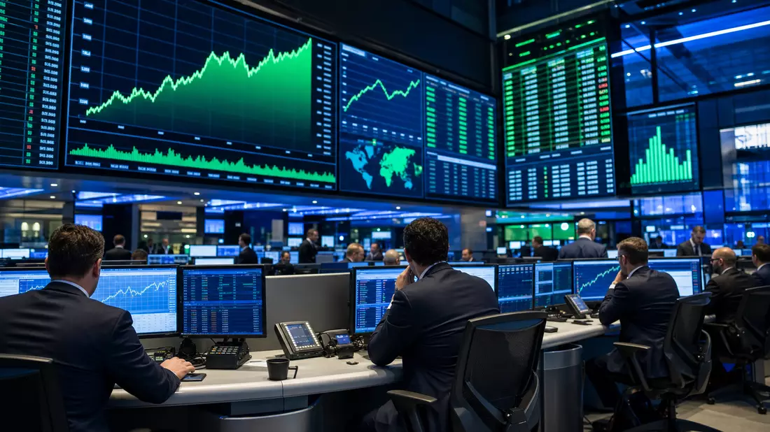Trading-Floor mit großen Bildschirmen und ansteigenden Aktienkurven in Blau und Grün
