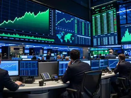 Börsen-Editorial mit Trading-Floor und Charts symbolisiert die Notierung von Tryg A/S, ISIN DK0060636678 - Foto: THN