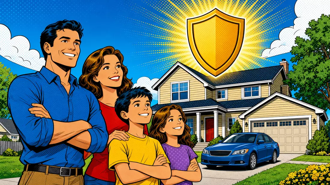 Comicstil zeigt lächelnde Familie vor Haus mit leuchtendem Schutzschild-Symbol