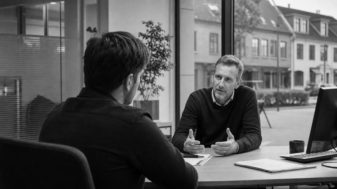 Dokumentarische Schwarzweiß-Aufnahme einer Bankberatung, Sydbank A/S, ISIN DK0010311471