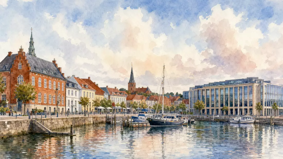 Aquarell der Hafenstadt Aabenraa mit Bankgebäude, Sydbank A/S, ISIN DK0010311471