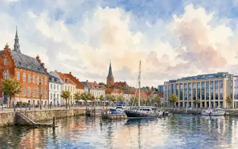 Aquarellmalerei der Hafenstadt Aabenraa illustriert den Sitz von Sydbank A/S, ISIN DK0010311471 - Foto: THN