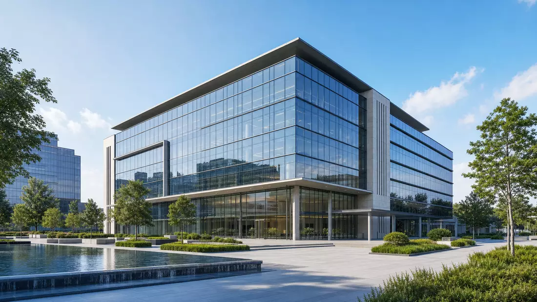 3D-Architekturrender eines Bankgebäudes mit Glasfassade, Sydbank A/S, ISIN DK0010311471
