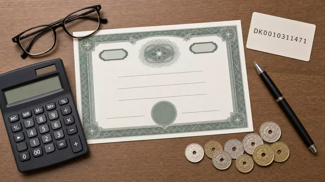Flatlay mit Aktienzertifikat und ISIN-Karte, Sydbank A/S, DK0010311471