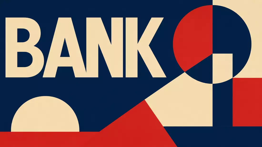 Bauhaus-Poster mit geometrischen Formen und Schriftzug BANK, Sydbank A/S, ISIN DK0010311471