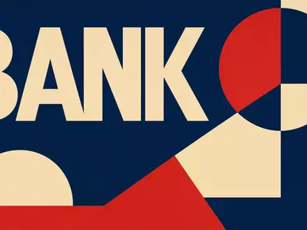 Geometrisches Bauhaus-Poster mit dem Wort BANK steht sinnbildlich für Sydbank A/S, Aktie mit ISIN DK0010311471 - Foto: THN