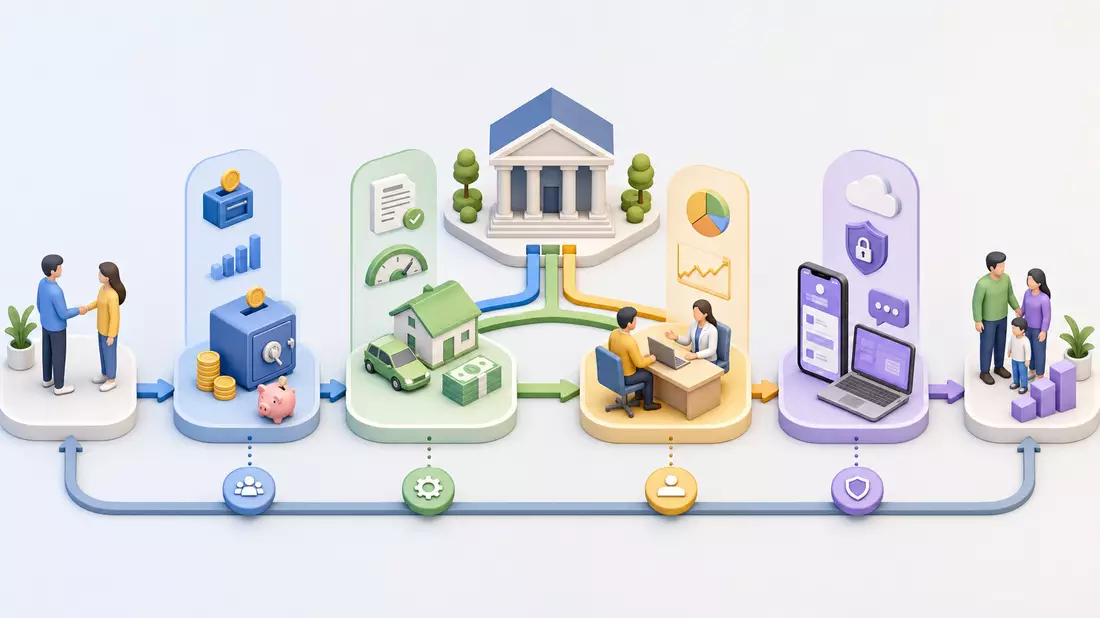 Isometrisches 3D-Diagramm der Bank-Wertschöpfungskette, Sydbank A/S, ISIN DK0010311471