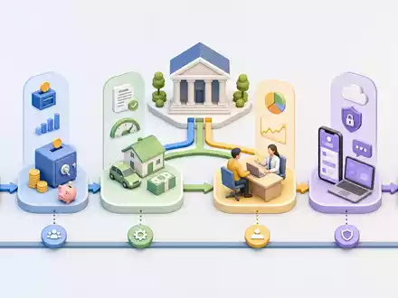 Isometrische 3D-Grafik zeigt die Wertschöpfungskette einer Retailbank, passend zu Sydbank A/S, ISIN DK0010311471 - Foto: THN