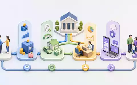 Isometrische 3D-Grafik zeigt die Wertschöpfungskette einer Retailbank, passend zu Sydbank A/S, ISIN DK0010311471 - Foto: THN