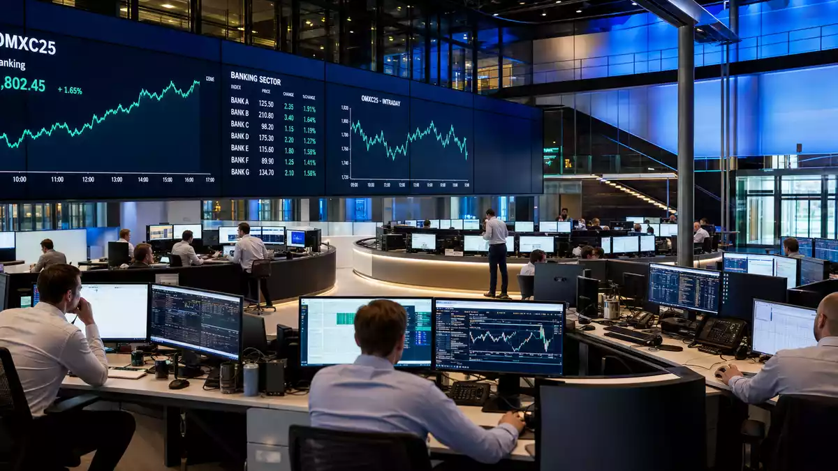 Handelssaal der Nasdaq Copenhagen mit Bankaktien-Charts, Sydbank A/S, ISIN DK0010311471