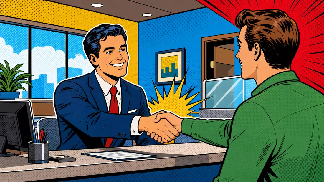Pop-Art-Comic mit Handschlag am Bankschalter, Sydbank A/S, ISIN DK0010311471