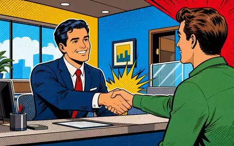 Bunte Pop-Art-Comicszene mit Handschlag am Bankschalter symbolisiert freundlichen Service von Sydbank A/S, DK0010311471 - Foto: THN