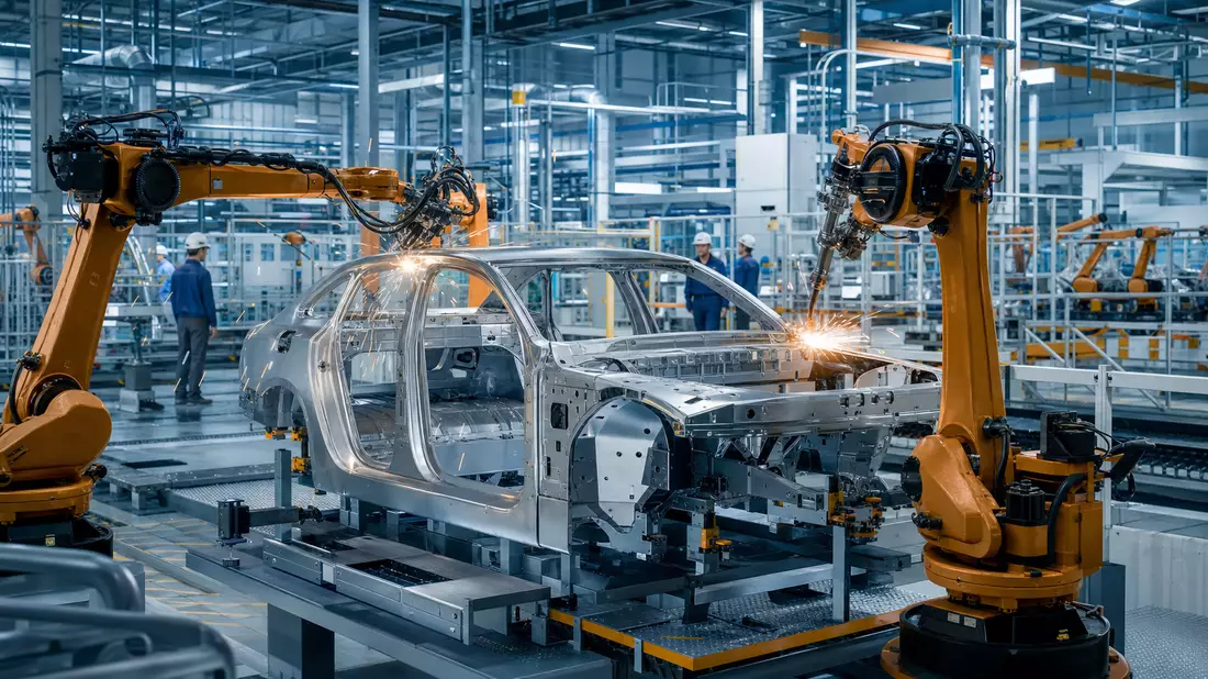 Fotorealistische Werkshalle mit Roboterarmen an Fahrzeugkarosserie