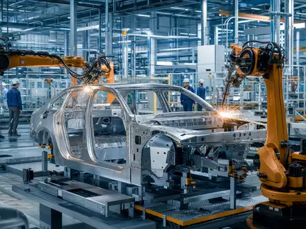 Werksmontage der Mercedes-Benz Group AG (DE0007100000) zeigt Roboterarme beim Schweißen einer Fahrzeugkarosserie - Foto: THN
