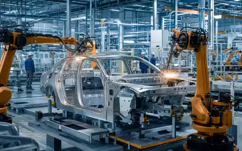 Werksmontage der Mercedes-Benz Group AG (DE0007100000) zeigt Roboterarme beim Schweißen einer Fahrzeugkarosserie - Foto: THN