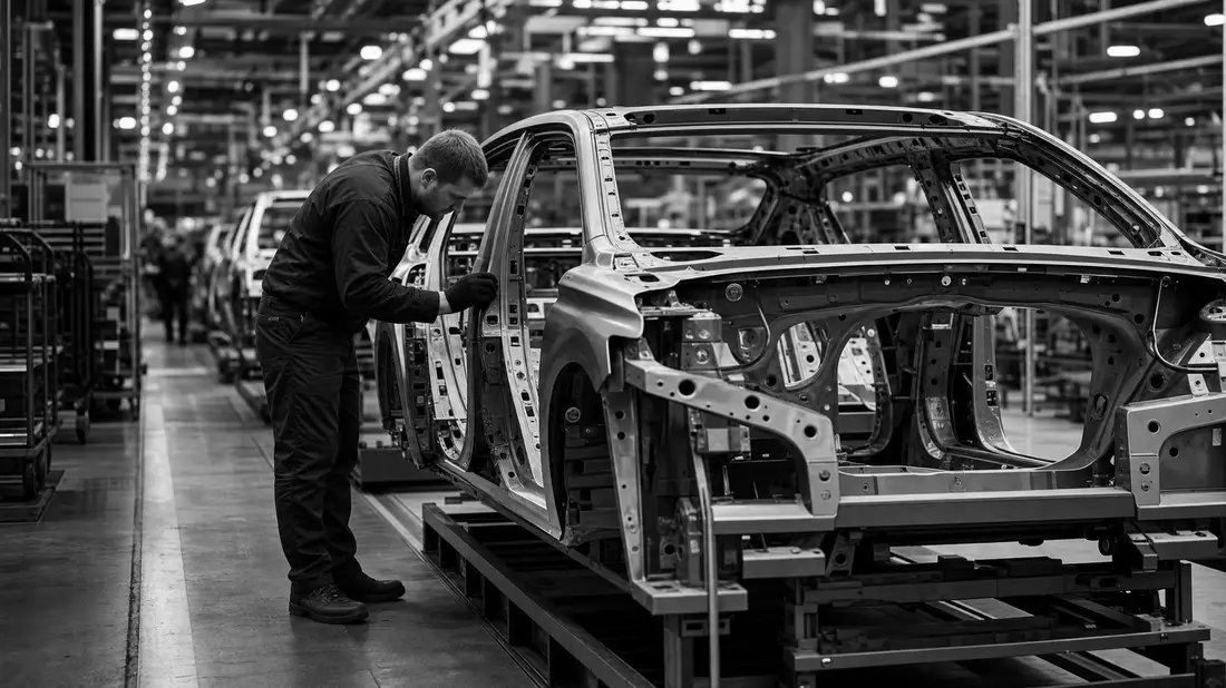 Dokumentarische Schwarzweißaufnahme eines Fabrikarbeiters an Karosserie