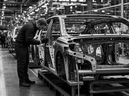 Schwarzweiß-Reportage der Mercedes-Benz Group AG (DE0007100000) dokumentiert einen Arbeiter an der Produktionslinie - Foto: THN