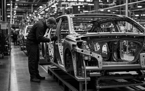 Schwarzweiß-Reportage der Mercedes-Benz Group AG (DE0007100000) dokumentiert einen Arbeiter an der Produktionslinie - Foto: THN