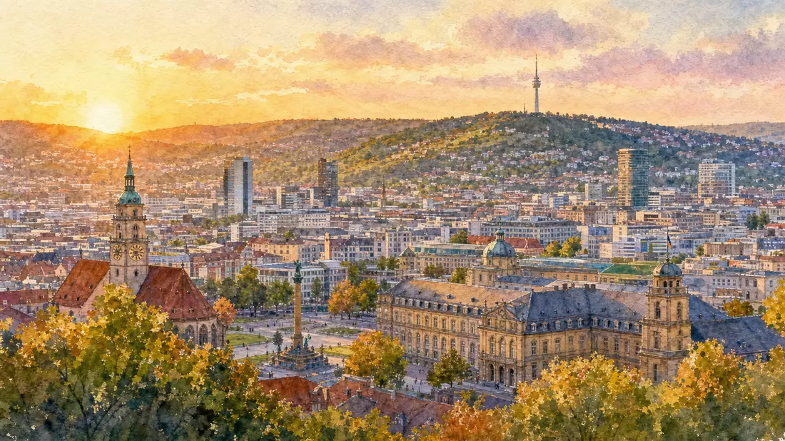 Aquarellbild der Stuttgarter Skyline bei Sonnenuntergang