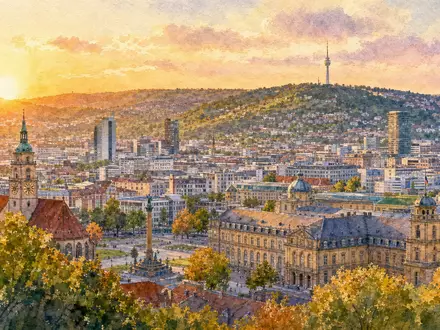 Aquarellmalerei zeigt die Stuttgarter Skyline, Standort der Mercedes-Benz Group AG (DE0007100000), im Abendlicht - Foto: THN