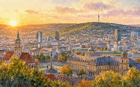 Aquarellmalerei zeigt die Stuttgarter Skyline, Standort der Mercedes-Benz Group AG (DE0007100000), im Abendlicht - Foto: THN