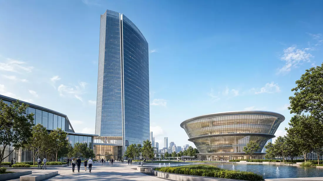 Architektonisches Rendering eines gläsernen Firmensitzes mit Rundbau