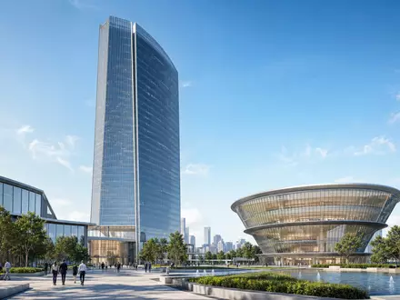 Architektur-Render eines modernen Hauptquartiers symbolisiert den Unternehmenssitz der Mercedes-Benz Group AG (DE0007100000) - Foto: THN