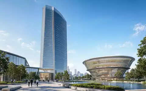 Architektur-Render eines modernen Hauptquartiers symbolisiert den Unternehmenssitz der Mercedes-Benz Group AG (DE0007100000) - Foto: THN