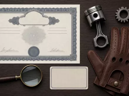 Flatlay mit Aktienzertifikat und ISIN-Karte symbolisiert eine Kapitalanlage in Mercedes-Benz Group AG (DE0007100000) - Foto: THN
