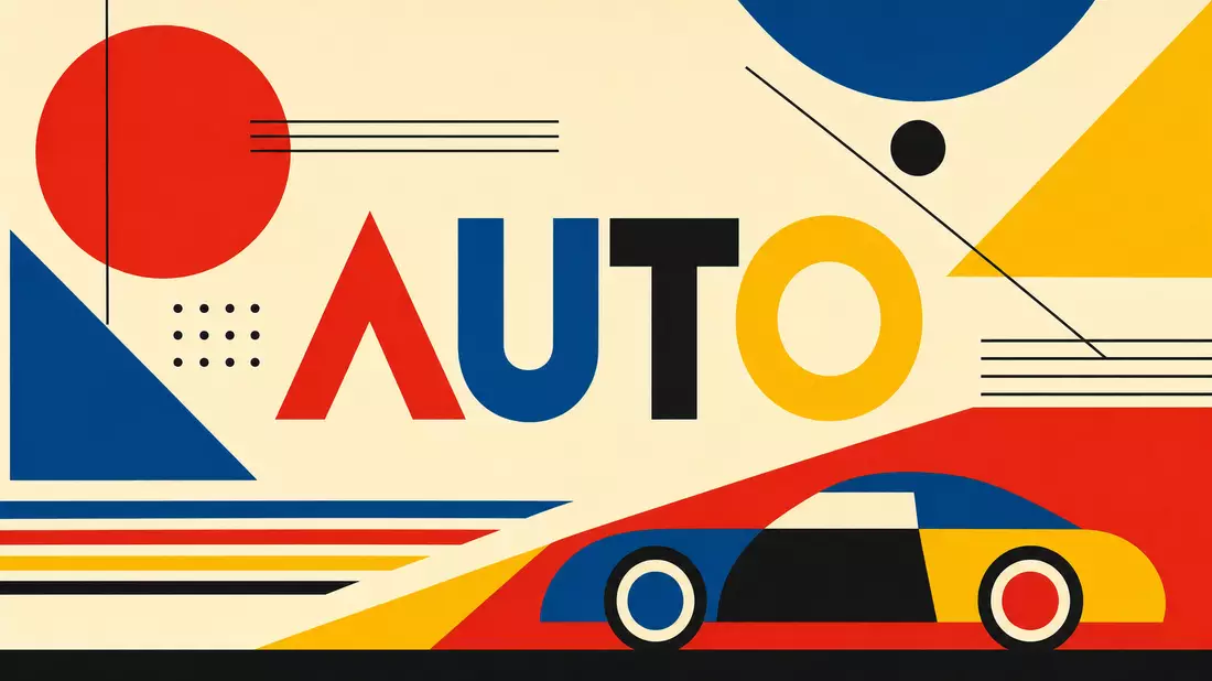 Geometrisches Bauhaus-Poster mit Text AUTO und stilisiertem Fahrzeug