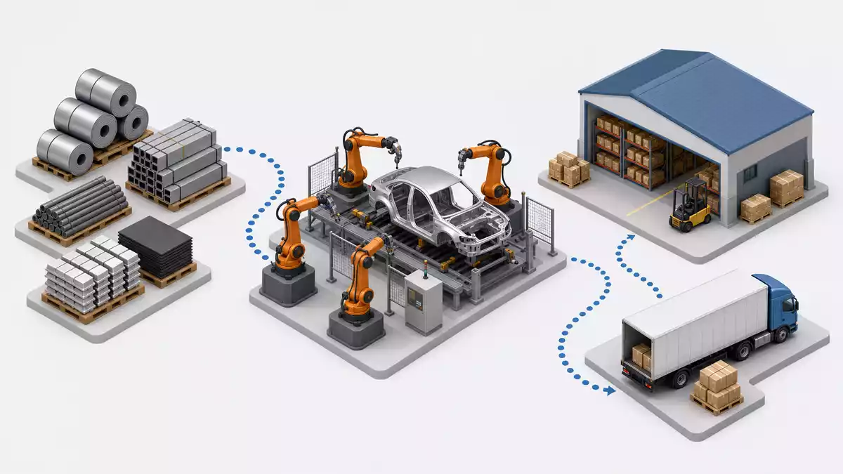 Isometrische Illustration einer Fahrzeug-Wertschöpfungskette mit Robotern