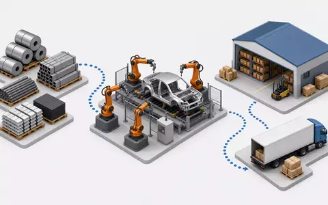 Isometrische 3D-Grafik zeigt die Wertschöpfungskette der Automobilproduktion bei der Mercedes-Benz Group AG (DE0007100000) - Foto: THN