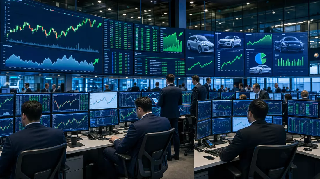 Trading-Floor mit Bildschirmen voller Aktiencharts und Automobildaten