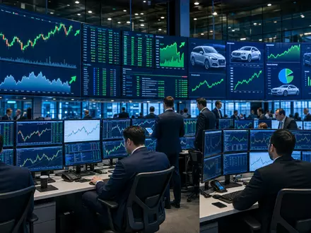 Börsen-Editorial zeigt Trading-Floor mit Kurscharts zum Handel der Mercedes-Benz Group AG (DE0007100000) an der Xetra - Foto: THN