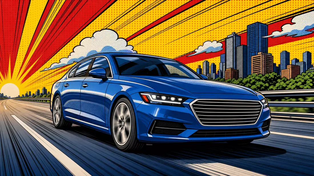 Pop-Art-Comic eines schnellen generischen Fahrzeugs vor Skyline