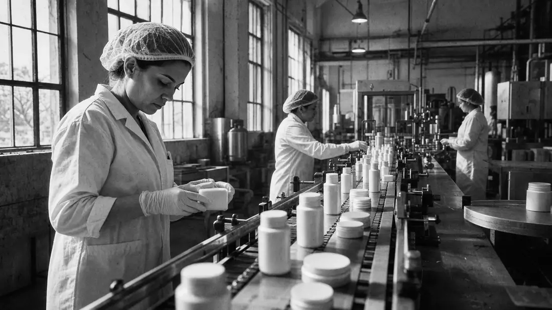 Schwarzweiß-Reportagefoto einer Kosmetikfabrik mit Arbeiterinnen an Produktionslinie