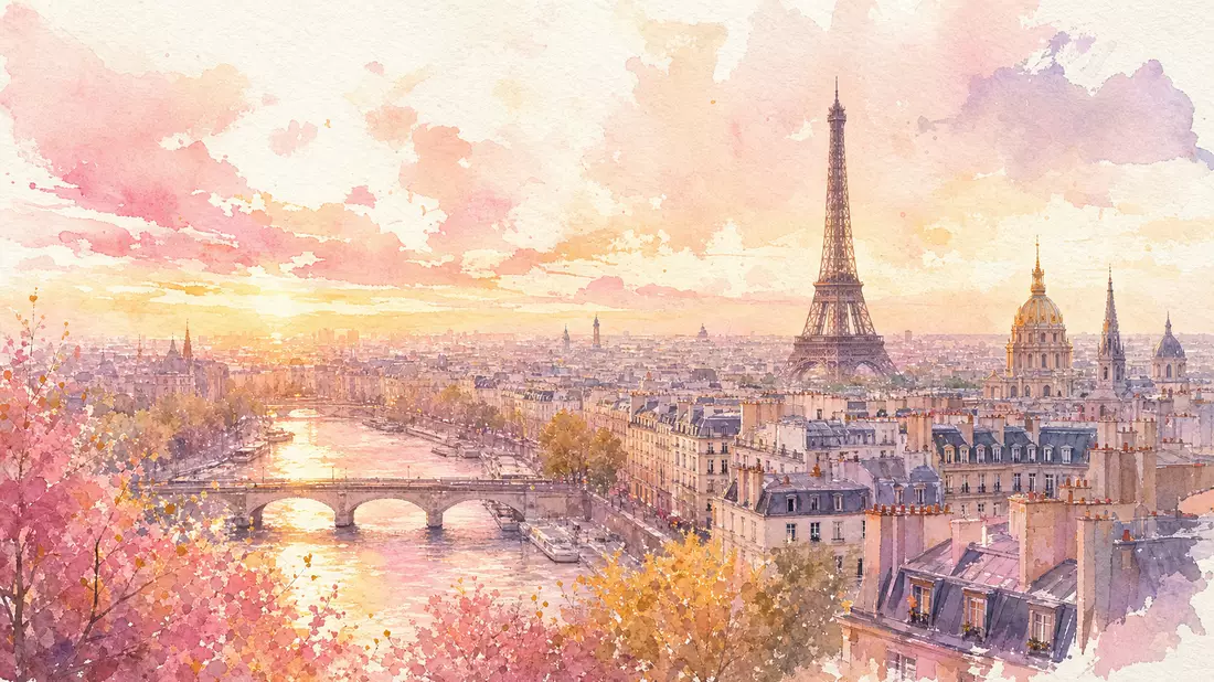 Aquarellmalerei der Pariser Skyline mit Eiffelturm in warmen Rosatönen